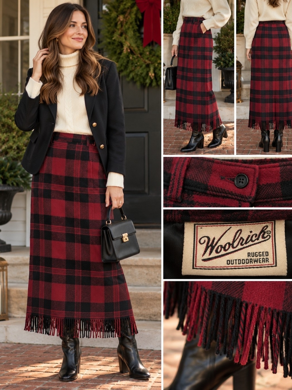 Vintage Woolrich Red Black Buffalo Plaid Wool Maxi Skirt Fringe Size 6